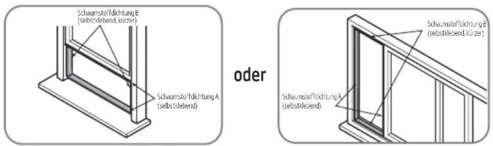 Schaumstoffdichtung B (selbstklebend, kürzer) Schaumstoffdichtung A (selbstklebend) oder Schaumstoffdichtung B (selbstklebend, kürzer) Schaumstoffdichtung A (selbstklebend)