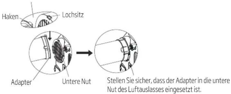 Haken Lochsitz Adapter Untere Nut Stellen Sie sicher, dass der Adapter in die untere Nut des Luftauslasses eingesetzt ist.