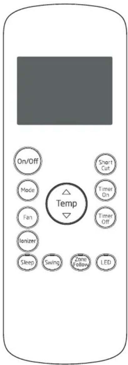 On/Off Mode Fan Ionizer Sleep Short Cut Temp Timer On Timer Off Zone Follow LED