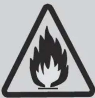Warning sign depicting a flame symbol in a triangular frame, commonly used to indicate hazardous materials or hazard.