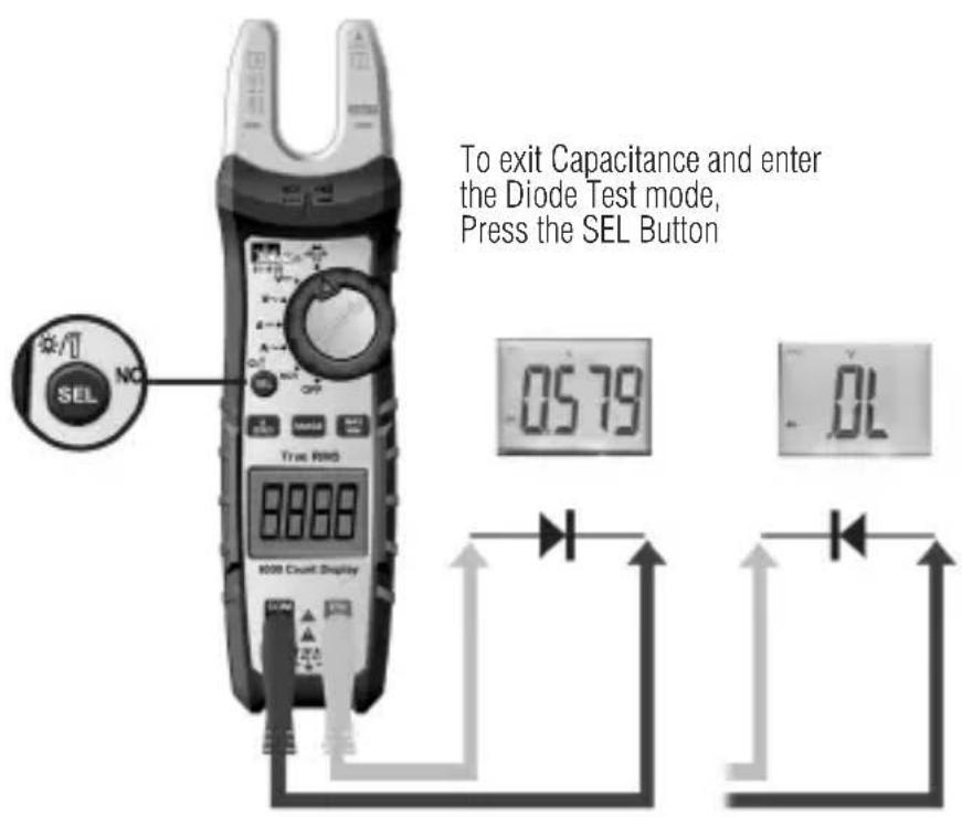 To exit Capacitance and enter the Diode Test mode, Press the SEL Button 0579 0L