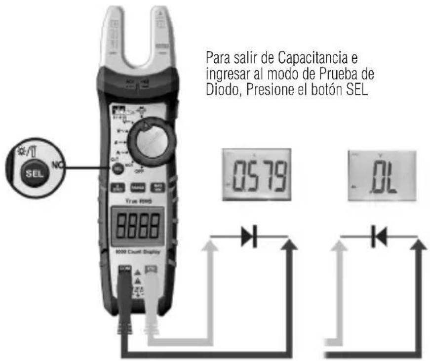 Para salir de Capacitancia e ingresar al modo de Prueba de Diodo, Presione el botón SEL 0579 0L