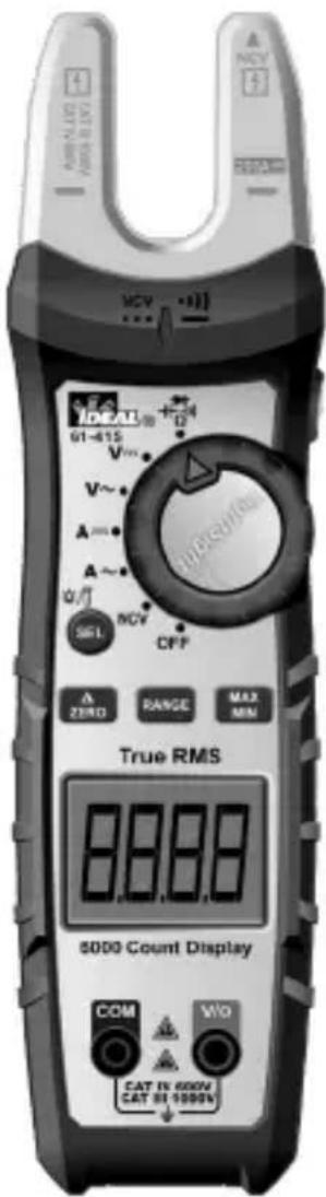 NCV +11 10CATL 61-415 V~ A~ A~ NCV OFF Δ ZERO RANGE MAX MIN True RMS 8888 5000 Count Display COM W/O CAT IN 600V CAT IN 1000V