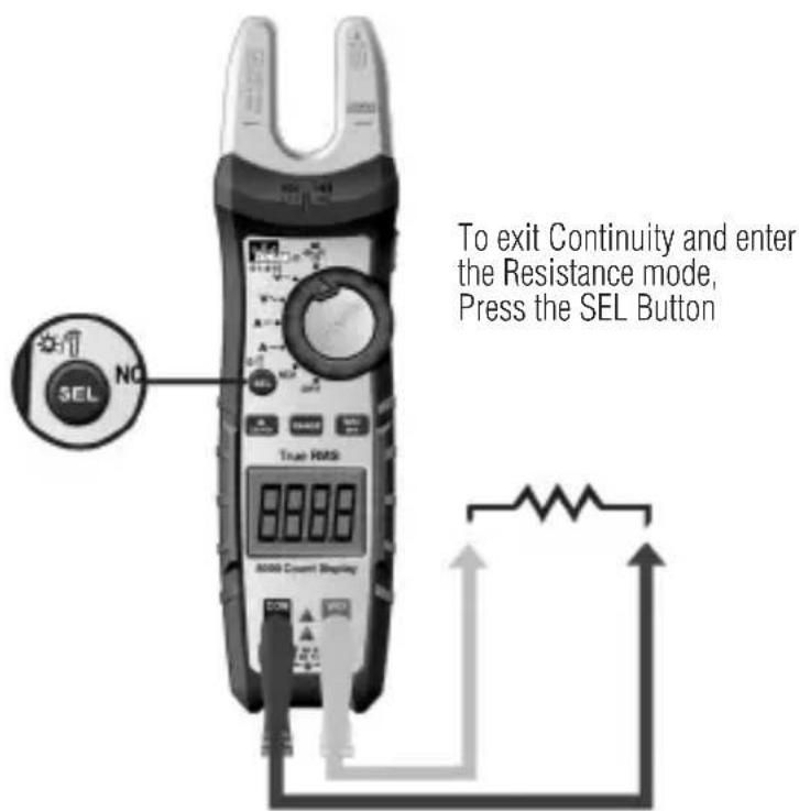 To exit Continuity and enter the Resistance mode, Press the SEL Button