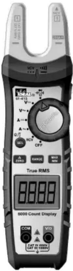 NCV +11 MCV 01-415 V~ A~ A~ NCV CFF Δ ZERO RANGE MAX MIN True RMS 8888 5000 Count Display COM WO CAT IN 600V CAT IN 1000V