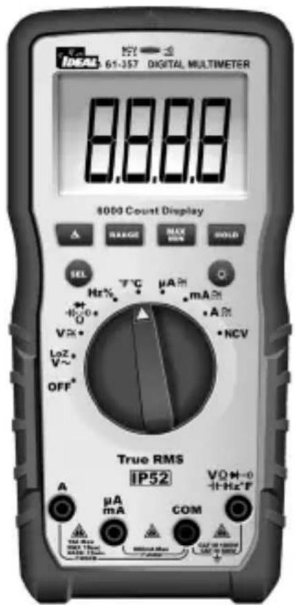 61-357 DIGITAL MULTIMETER 8888 4000 Count Display RANGE MAX HOLD SEL Hz% T°C μA mA A V LoZ V~ OFF* True RMS IP52 V0H-0 +1-Hz°F A μA mA COM MAX Max MAX Max MAX Max