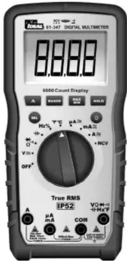 61-347 DIGITAL MULTIMETER 8,888 6000 Count Display A RANSO MAX MIN HOLD SEL Hz% T°C μA mA + - Ω V ON OFF* True RMS IP52 V0 +Hz°F μA mA COM High Max Max Flux RASS Times OFF High Max High Flux CAT/1000V CAT/1000V