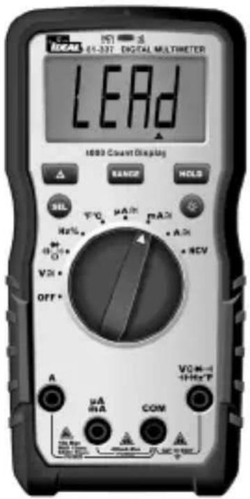 LOCAL 14-337 DIGITAL MULTIMETER LEAD 1600 Count Display SANGE HOLE SEL TFC μA/m A2 Hz% - A2 + + - VDC - NCV OFF + A μA COM μA mA COM VDC→1-HzP