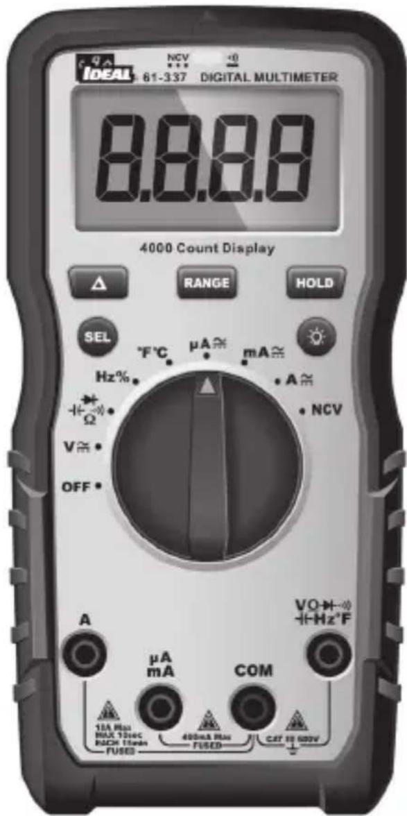 IDEAL 61-337 DIGITAL MULTIMETER 8.8.8.8 4000 Count Display Δ RANGE HOLD SEL °F°C μA mA Hz% A Ω V Ω OFF A μA COM mA 10A Max MAX 120cC RICH 1kHz FUSED FUSED CAT IS 500V VOH- +Hz°F