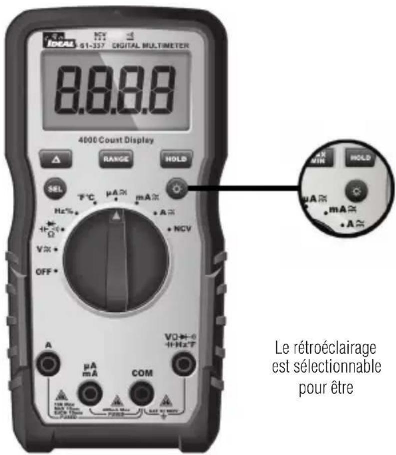 LOCAL S1-337 DIGITAL MULTIMETER 8.8.8.0 4000 Count Display RANGE HOLD SEL T°C μA mA Hz% A + NCV V× + OFF - A μA mA COM TO←0 +1-HzT Le rétroéclairage est sélectionnable pour être