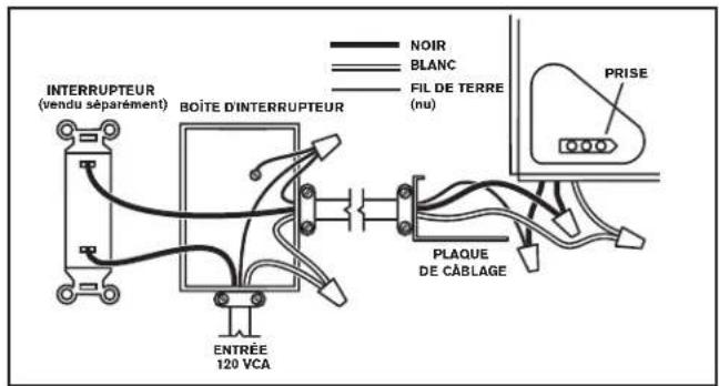 INTERRUPTEUR (vendu séparément) BOÎTE D'INTERRUPTEUR ENTRÉE 120 VCA NOIR BLANC FIL DE TERRE (nu) PLAQUE DE CÂBLAGE PRISE