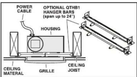 POWER CABLE HOUSING OPTIONAL QTHB1 HANGER BARS (span up to 24") CEILING MATERIAL GRILLE CEILING JOIST