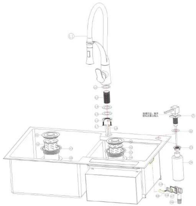 Technical diagram of a kitchen sink with labeled components and Chinese instructions for cleaning or repair.