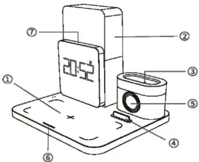 Diagram of a device with numbered parts, including a 20:52 timer and a camera module