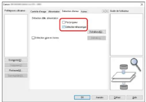 Patégrésion d'utilisation : Contable d'image - Alimentation Detection d'erreur - Autres Guide de l'utilisateur Detection d'être alimentation Par longueur Detection ultrasonique Détction d'être Détction glue en travers Endommation[1] Supervise[1] Restaurer[1] Endommation[2] OK Annulés Default Made
