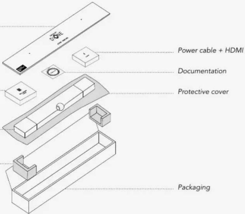 DONE Power cable + HDMI Documentation Protective cover Packaging