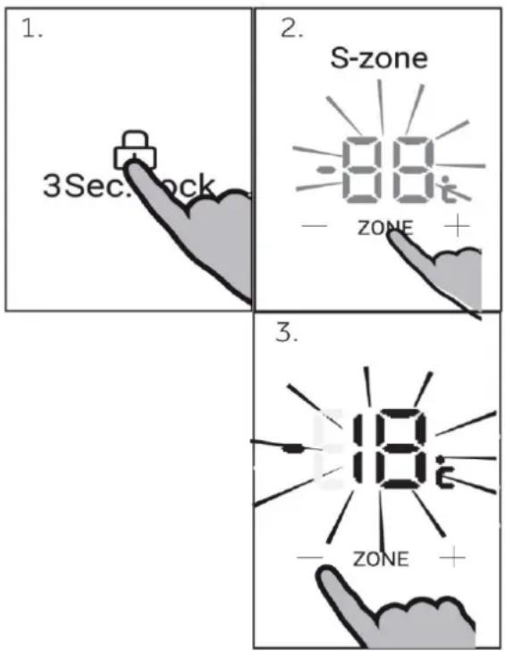 1. 3Sec lock 2. S-zone - 88 i - ZONE + 3. - 18 i - ZONE +