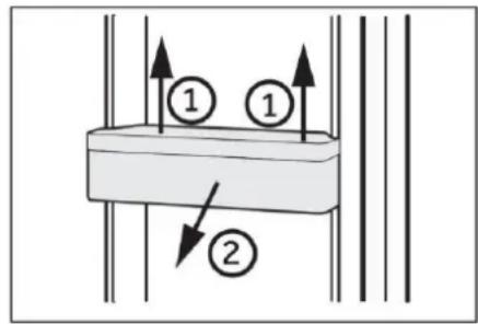 Diagram showing two labeled arrows pointing to a rectangular object with circular indicators, likely illustrating a physical or engineering concept.
