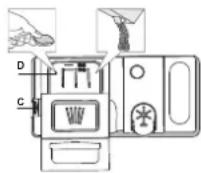 WHIRLPOOL W7I HP42 LO - UMPLEREA DOZATORULUI DE DETERGENT Pentru a deschide dozatorul de detergent, folosiți dispozitivul de deschidere C. Introduceți detergent numai în compartimentul uscat D. Introduceți cantitatea de detergent pentru prespălare direct în cuvă. - 1
