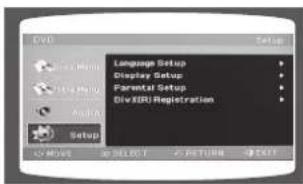 CVD Language Setup Display Setup Parental Setup DIVIRI Registration Setup OK MOV SELECT RETURN EXIT