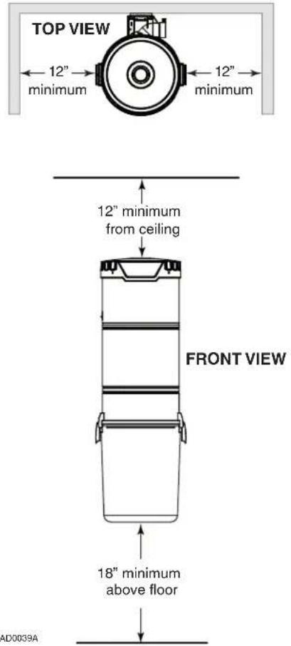 TOP VIEW 12" minimum 12" minimum 12" minimum from ceiling FRONT VIEW 18" minimum above floor AD0039A