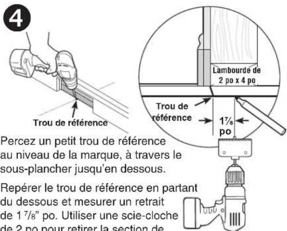 4 Trou de référence Percez un petit trou de référence au niveau de la marque, à travers le sous-plancher jusqu'en dessous. Repérer le trou de référence en partant du dessous et mesurer un retrait de 1 7/8" po. Utiliser une scie-cloche de 2 po pour retirer la section de Lambourde de 2 po x 4 po Trou de référence 1 7/8 po