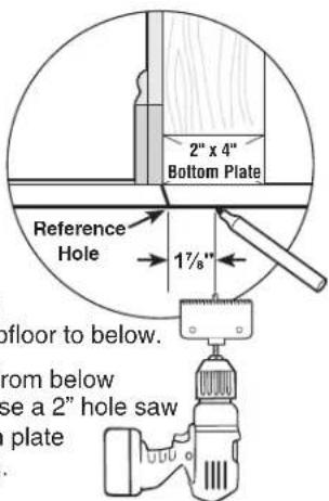 2" x 4" Bottom Plate Reference Hole 17/8" ofloor to below. from below use a 2" hole saw plate