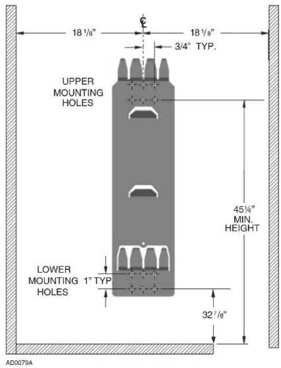 18 1/8" 18 1/8" 3/4" TYP. UPPER MOUNTING HOLES 45 1/4" MIN. HEIGHT LOWER MOUNTING 1" TYP HOLES 32 7/8" AD0079A