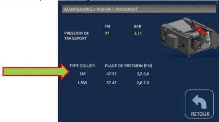 MAINTENANCE > PARAM > TRANSPORT PRESSION DE TRANSPORT PSI BAR 47 3,24 TYPE COLLIER PLAGE DE PRESSION (PSI) 1M 47-52 3,2-3,6 1.5M 37-42 2,6-2,9 RETOUR
