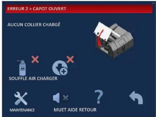 ERREUR 2 > CAPOT OUVERT AUCUN COLLIER CHARGÉ SOUFFLE AIR CHARGER MAINTENANCE MUET AIDE RETOUR