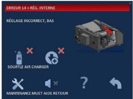 ERREUR 14 > RÉG. INTERNE RÉGLAGE INCORRECT, BAS SOUFFLE AIR CHARGER MAINTENANCE MUET AIDE RETOUR