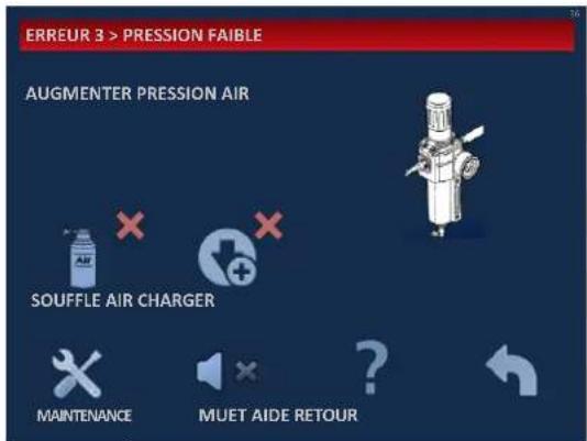 ERREUR 3 > PRESSION FAIBLE AUGMENTER PRESSION AIR SOUFFLE AIR CHARGER MAINTENANCE MUET AIDE RETOUR