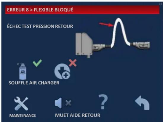 ERREUR 8 > FLEXIBLE BLOQUÉ ÉCHEC TEST PRESSION RETOUR SOUFFLE AIR CHARGER MAINTENANCE MUET AIDE RETOUR