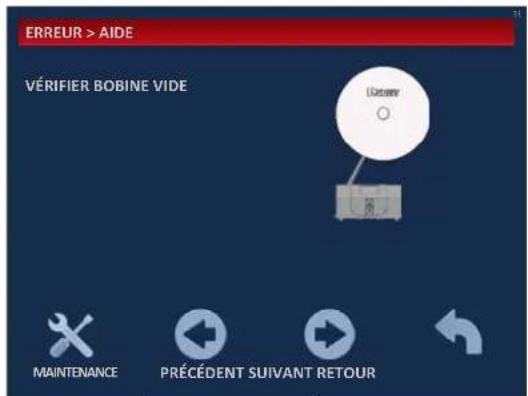 ERREUR > AIDE VÉRIFIER BOBINE VIDE D surveillance MAINTENANCE PRÉCÉDENT SUIVANT RETOUR