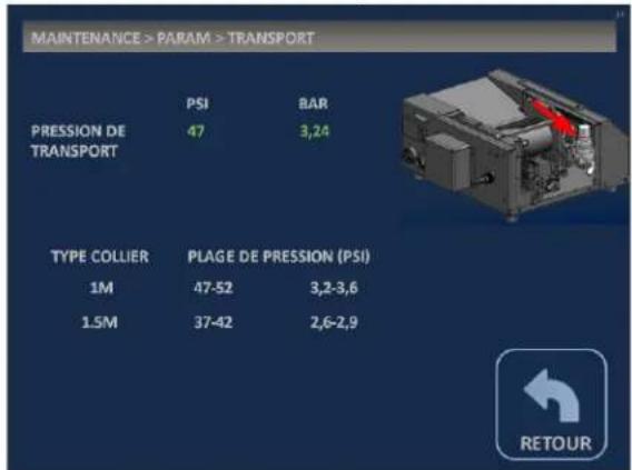 MAINTENANCE > PARAM > TRANSPORT PRESSION DE TRANSPORT PSI BAR 47 3,24 TYPE COLLIER PLAGE DE PRESSION (PSI) 1M 47-52 3,2-3,6 1.5M 37-42 2,6-2,9 RETOUR
