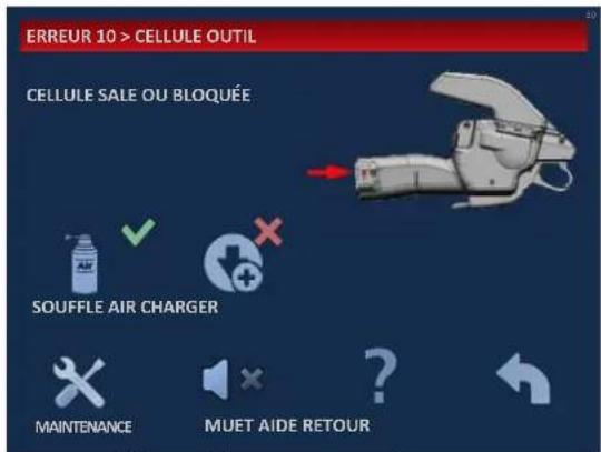 ERREUR 10 > CELLULE OUTIL CELLULE SALE OU BLOQUÉE SOUFFLE AIR CHARGER MAINTENANCE MUET AIDE RETOUR