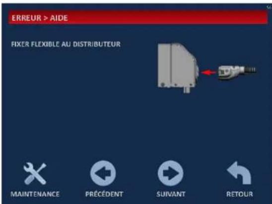 ERREUR > AIDE FIXER FLEXIBLE AU DISTRIBUTEUR MAINTENANCE PRÉCÉDENT SUIVANT RETOUR