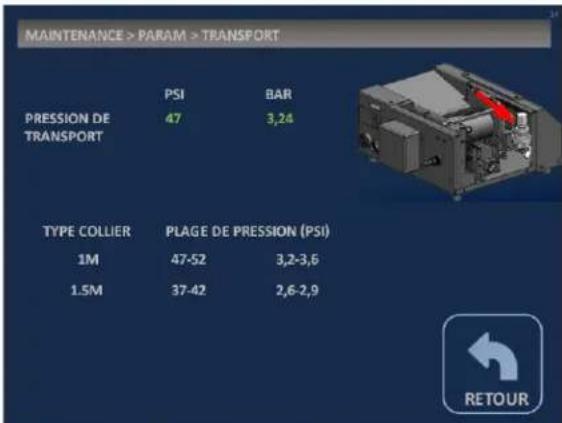 MAINTENANCE > PARAM > TRANSPORT PRESSION DE TRANSPORT PSI BAR 47 3,24 TYPE COLLIER PLAGE DE PRESSION (PSI) 1M 47-52 3,2-3,6 1.5M 37-42 2,6-2,9 RETOUR