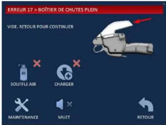ERREUR 17 > BOÎTIER DE CHUTES PLEIN VIDE. RETOUR POUR CONTINUER SOUFFLE AIR CHARGER MAINTENANCE MUET RETOUR