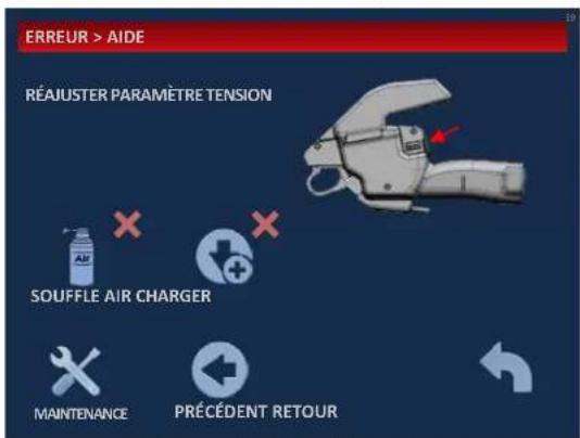 ERREUR > AIDE RÉAJUSTER PARAMÈTRE TENSION SOLUFFLE AIR CHARGER MAINTENANCE PRÉCEDENT RETOUR