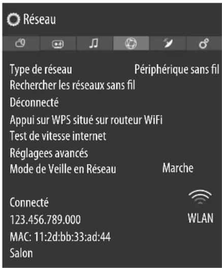 Réseau Type de réseau Périphérique sans fil Rechercher les réseaux sans fil Déconnecté Appui sur WPS situé sur routeur WiFi Test de vitesse internet Réglagees avancés Mode de Veille en Réseau Marche Connecté 123.456.789.000 WLAN MAC: 11:2d:bb:33:ad:44 Salon