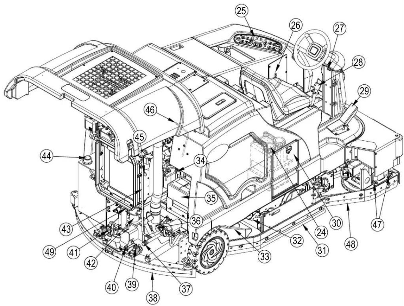 Technical diagram of a vehicle chassis with numbered components for identification