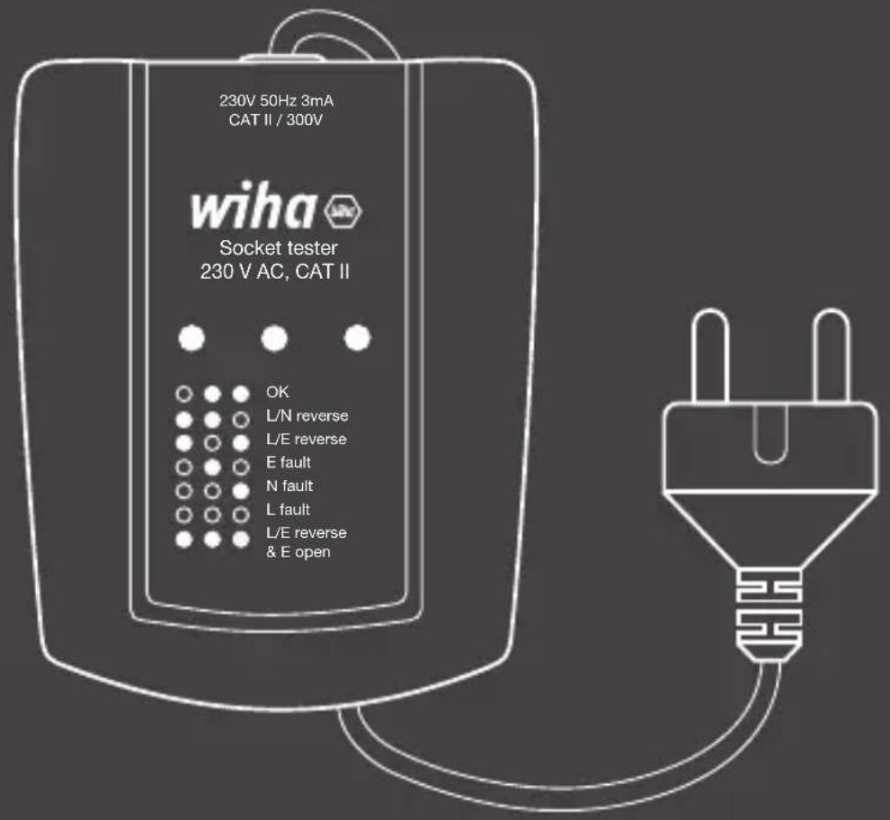 230V 50Hz 3mA CAT II / 300V wiha Socket tester 230 V AC, CAT II OK L/N reverse L/E reverse E fault N fault L fault L/E reverse & E open