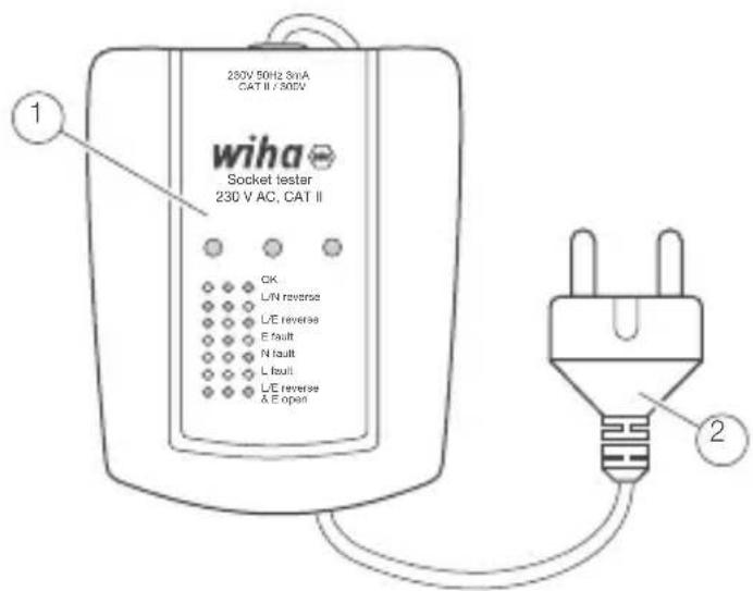 230V 50Hz SiNA CAT II / 300V wiha Socket tester 230 V AC, CAT II CK L/N reverse L/E reverse E fault N fault L fault L/E reverse A E open 1 2