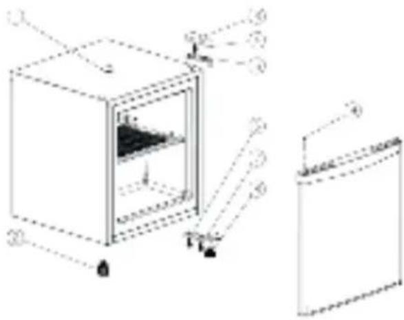 Technical diagram of a mechanical or electrical enclosure with numbered components and labeled parts