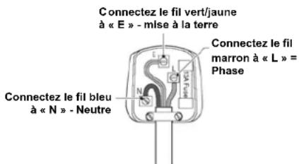 Connectez le fil vert/jaune à « E » - mise à la terre Connectez le fil marron à « L » = Phase Connectez le fil bleu à « N » - Neutre