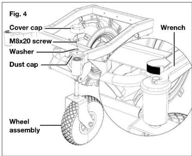 Fig. 4 Cover cap M8x20 screw Washer Dust cap Wheel assembly Wrench