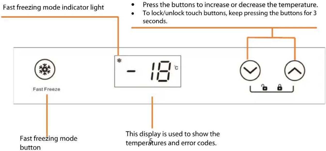 Fast freezing mode indicator light Press the buttons to increase or decrease the temperature. To lock/unlock touch buttons, keep pressing the buttons for 3 seconds. - 18 °C Fast Freeze Fast freezing mode button This display is used to show the temperatures and error codes.