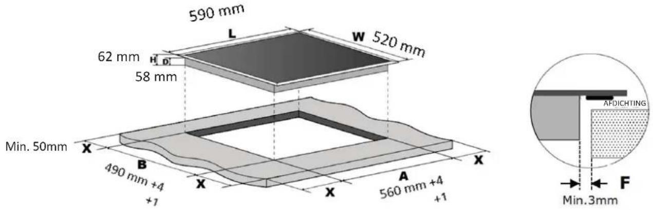 590 mm L W 520 mm 62 mm H D 58 mm Min. 50mm X B 490 mm +4 X A +1 560 mm +4 +1 AFDICHTING Min.3mm