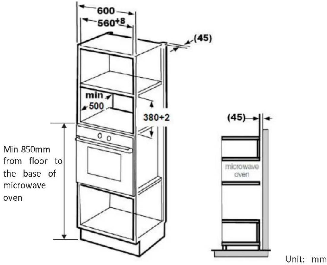 600 560+8 (45) min 500 380+2 (45) Min 850mm from floor to the base of microwave oven microwave oven Unit: mm